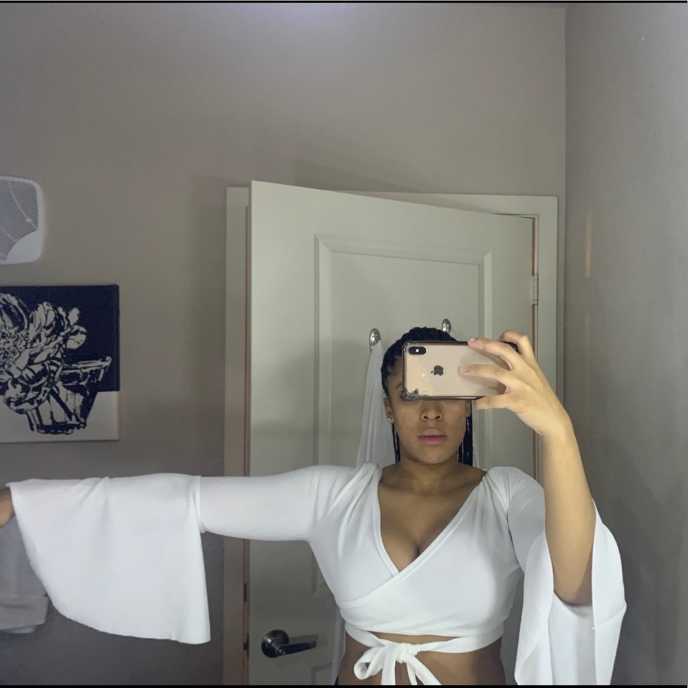White Trumpet Sleeve Crop Top